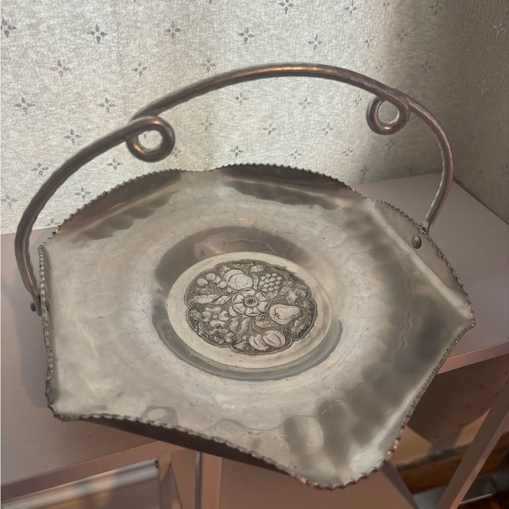 Vintage Cromwell Hand Wrought Aluminum Basket with Fruit and Floral Design